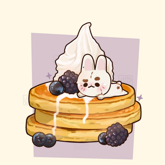 Cartoon rabbit on pancakes with syrup and berries, 'little city' logo at the bottom.