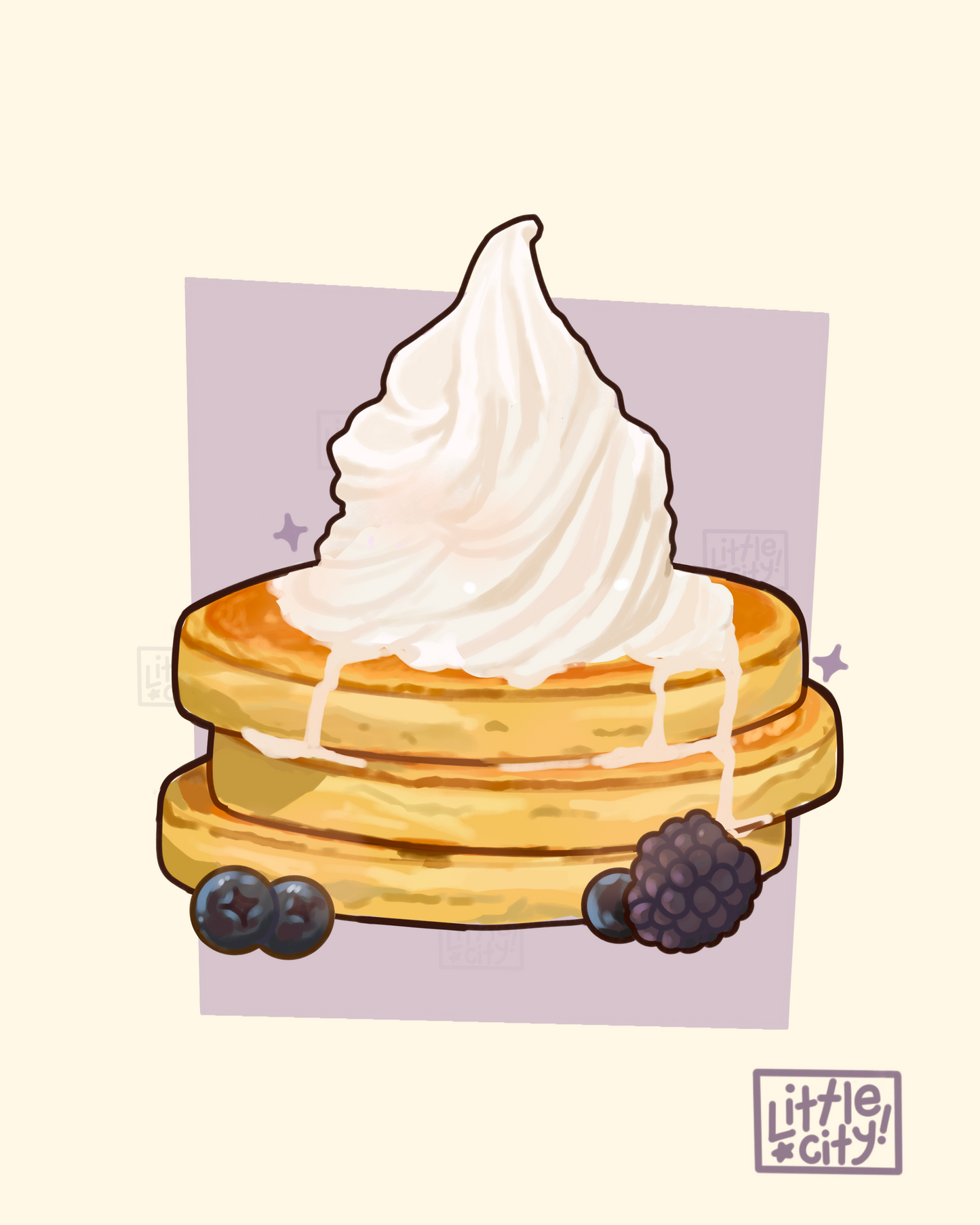 Illustration of pancakes with whipped cream and berries on a light purple background, featuring the 'little city' logo.